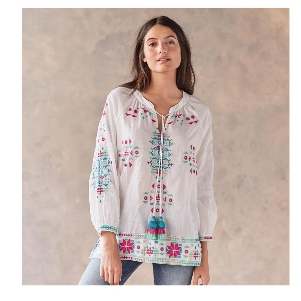 Sundance Rubyyaya Caravola Top White Sequins Tassels Embroidered Boho Sz S NEW